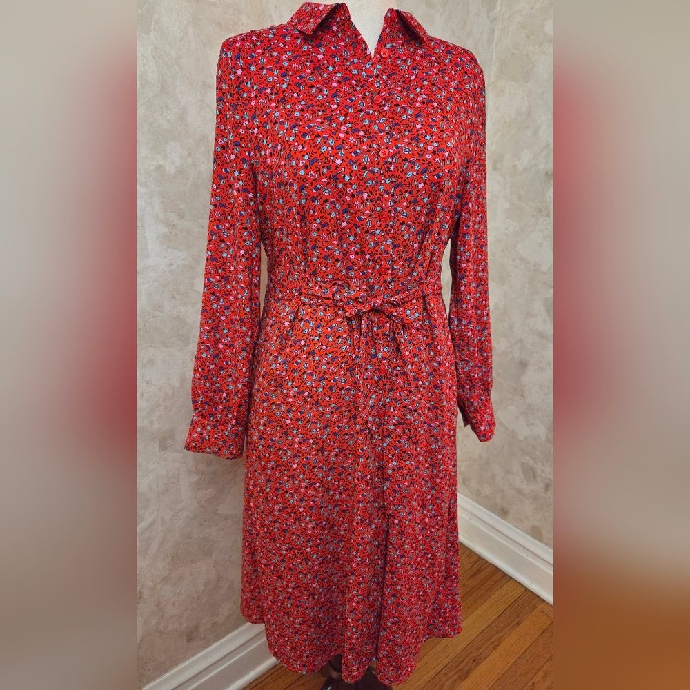 Amazon Essentials Red Floral Shirt Dress Button Front Belted Midi M
